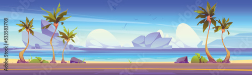 Car road on sea coast with palm trees, islands with mountains in water. Summer tropical landscape of sand ocean beach and asphalt highway, vector cartoon illustration