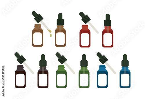 Oil or serum mockup in closed colorful bottles and in an open bottle with a pipette and a drop of liquid isolated vector illustration. Serum bottle with dispenser. Medical, cosmetic, vaping oil.