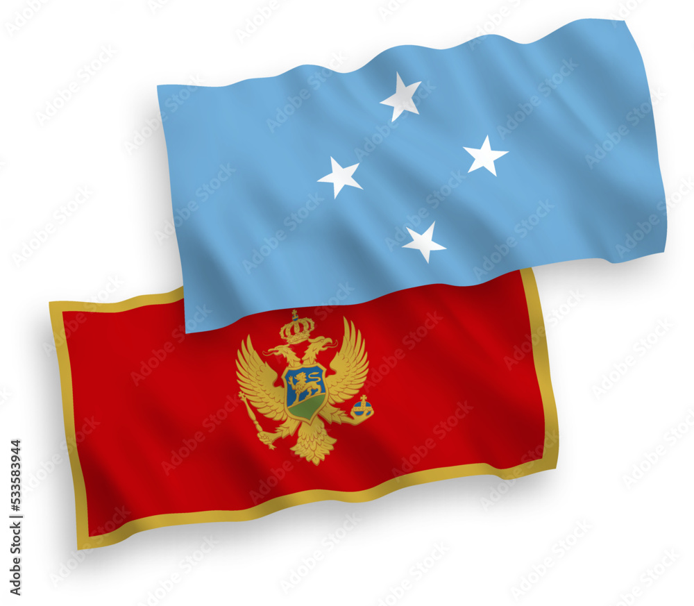 National vector fabric wave flags of Federated States of Micronesia and Montenegro isolated on white background. 1 to 2 proportion. National vector fabric wave flags of Federated States of Micronesia and Montenegro isolated on white background. 1 to 2 proportion.