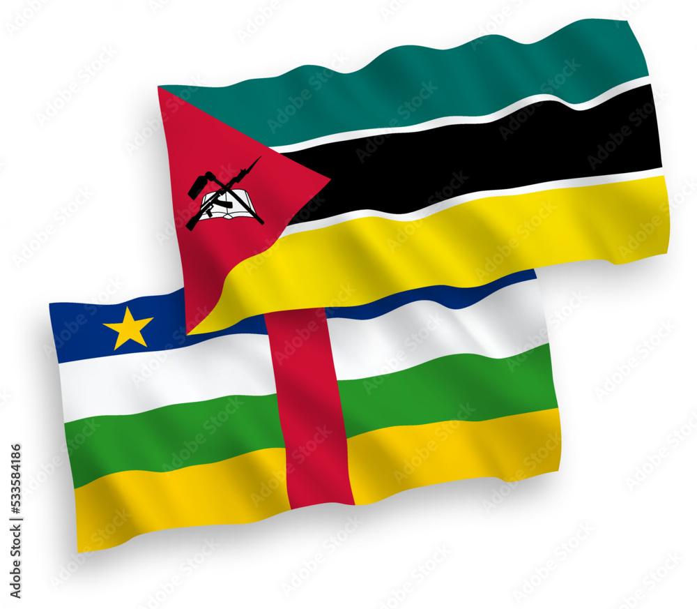 National vector fabric wave flags of Republic of Mozambique and Central African Republic isolated on white background. 1 to 2 proportion. National vector fabric wave flags of Republic of Mozambique and Central African Republic isolated on white background. 1 to 2 proportion.