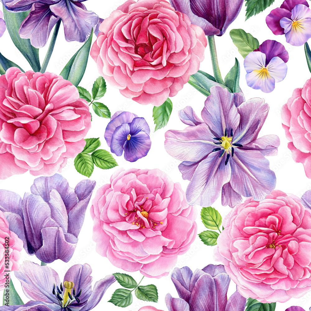 Pink roses and tulips flowers hand drawing. Floral background, watercolor botanical painting. Seamless pattern