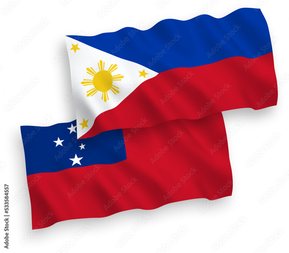 National vector fabric wave flags of Independent State of Samoa and Philippines isolated on white background. 1 to 2 proportion. National vector fabric wave flags of Independent State of Samoa and Philippines isolated on white background. 1 to 2 proportion.