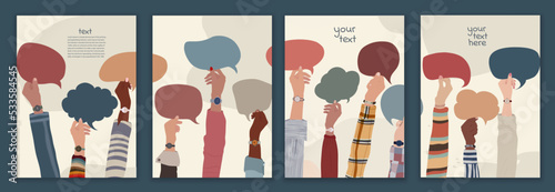 Banner poster template with raised hands group of men and women of diverse culture holding speech bubble. Talk communicate and sharing in social networks. Friends or collaborator. Team