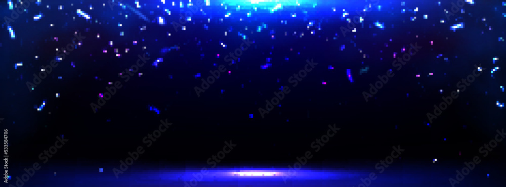 Empty stage with spotlight and falling blue sparks. Abstract background with flying neon glowing sparkles and spot of light on scene, vector realistic illustration