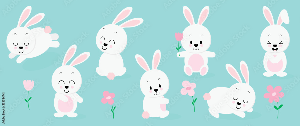 Set of cute white rabbit element vector. Adorable bunny with different poses, smile, sleep, sit, flowers. Collection of animal and many characters hand drawn design for decorative, card, kids.