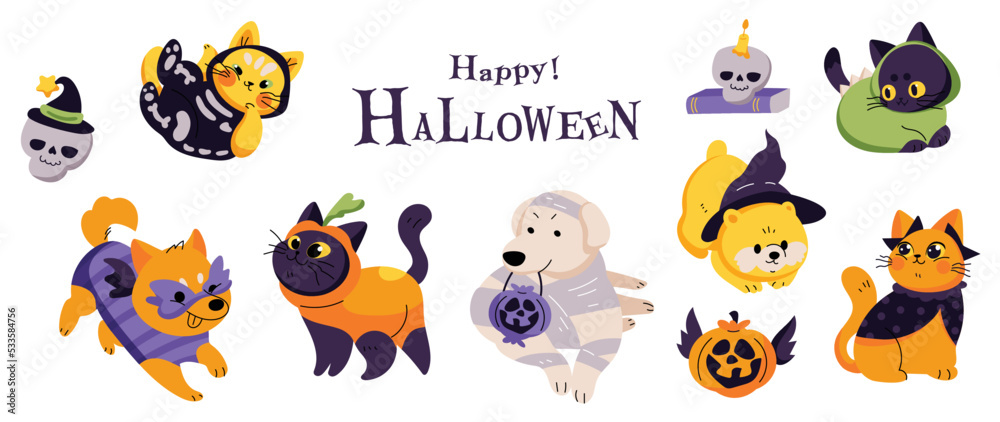 Fototapeta premium Happy Halloween day lovey pet vector. Cute collection of cats and dogs with halloween costumes, mummy, pumpkin, skeleton. Adorable animal characters in autumn festival for decoration, prints, cover.