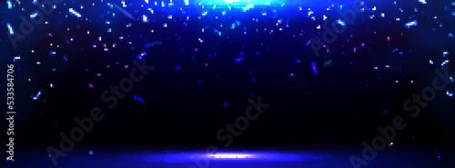 Empty stage with spotlight and falling blue sparks. Abstract background with flying neon glowing sparkles and spot of light on scene, vector realistic illustration