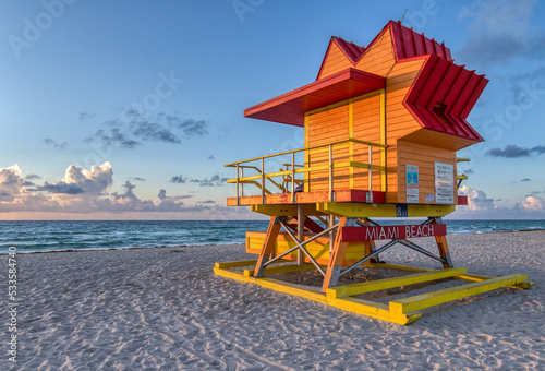 8th Street Lifeguard Tower in South Beach, Miami Beach, Florida at sunrise. © Mark