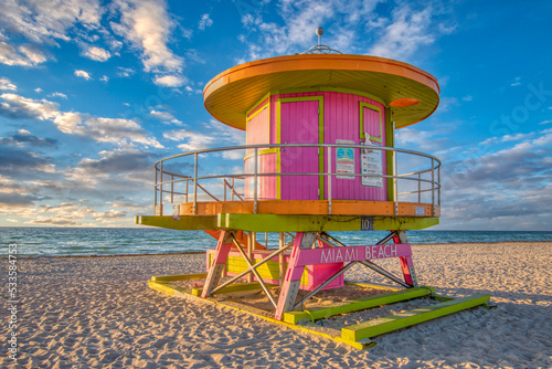 10 Street Lifeguard Tower in South Beach, Miami Beach, Florida at sunrise. © Mark