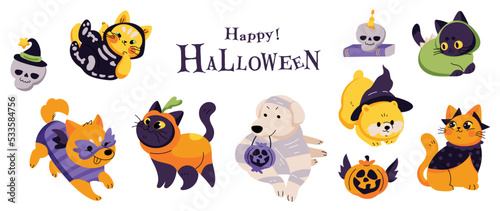 Happy Halloween day lovey pet vector. Cute collection of cats and dogs with halloween costumes, mummy, pumpkin, skeleton. Adorable animal characters in autumn festival for decoration, prints, cover.
