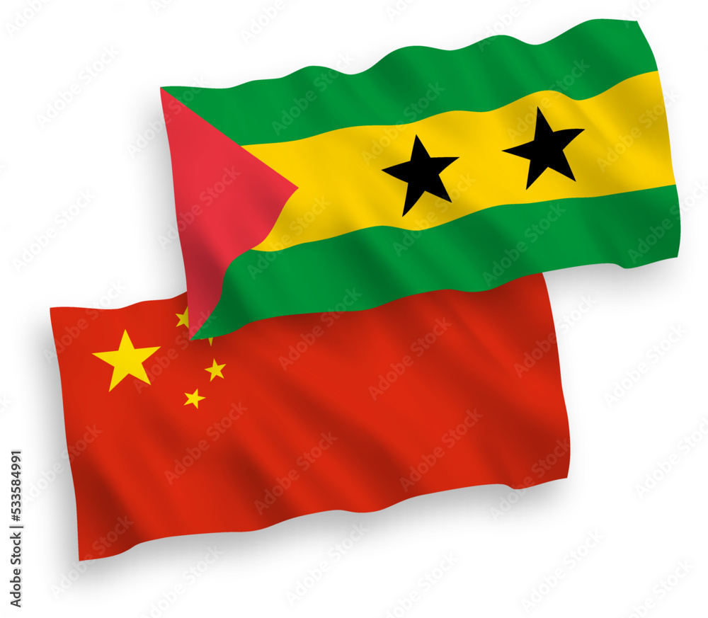 National vector fabric wave flags of Saint Thomas and Prince and China isolated on white background 1 to 2 proportion. National vector fabric wave flags of Saint Thomas and Prince and China isolated on white background 1 to 2 proportion.