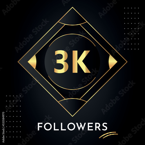 Thank you 3k or 3 thousand followers with gold decorative frames on black background. Premium design for congratulations, social media story, social sites post, achievement, social networks.