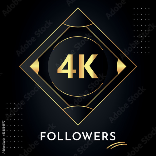 Thank you 4k or 4 thousand followers with gold decorative frames on black background. Premium design for congratulations, social media story, social sites post, achievement, social networks.