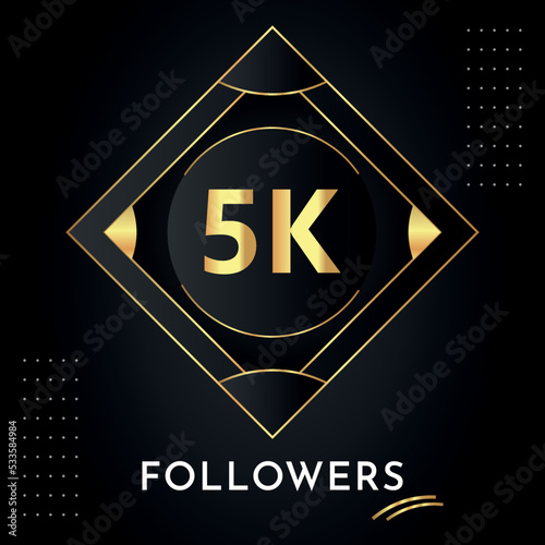 Thank you 5k or 5 thousand followers with gold decorative frames on black background. Premium design for congratulations, social media story, social sites post, achievement, social networks.