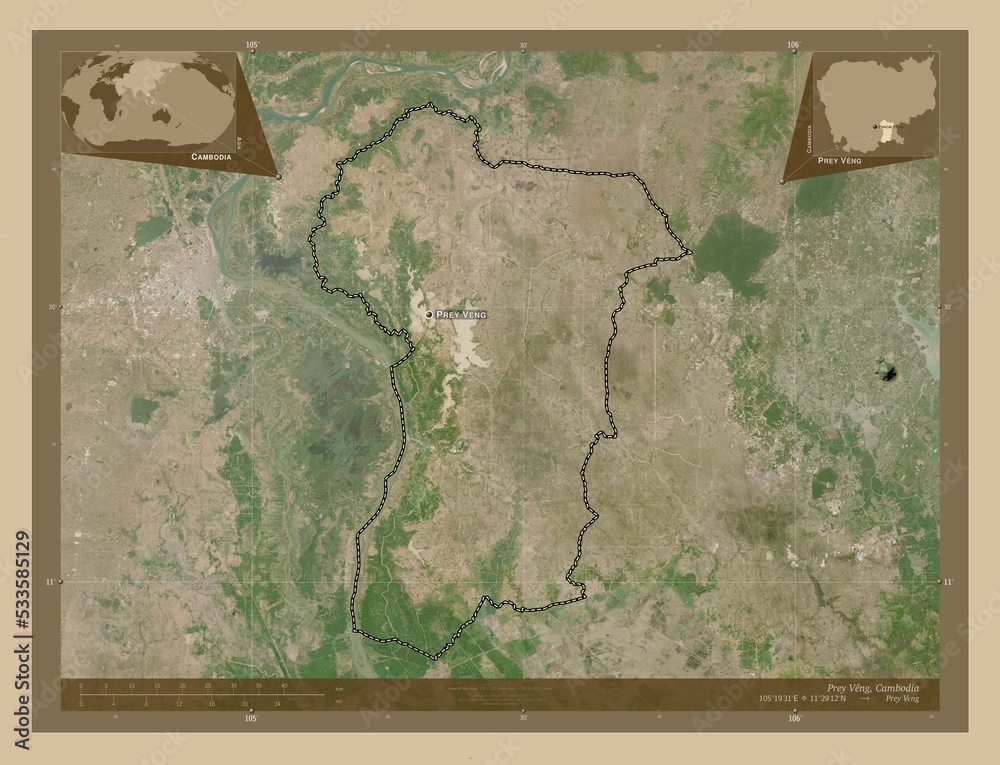 Fototapeta premium Prey Veng, Cambodia. Low-res satellite. Labelled points of cities