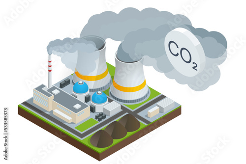 Isometric industrial chimneys with heavy smoke causing air pollution. Environment Polluted by CO2 Emission. Climate hange roblem, health care for people and animals.