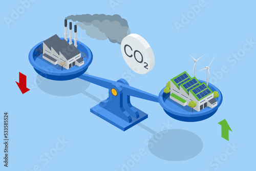 Isometric industrial chimneys with heavy smoke causing air pollution. Environment Polluted by CO2 Emission. Climate hange roblem, health care for people and animals.