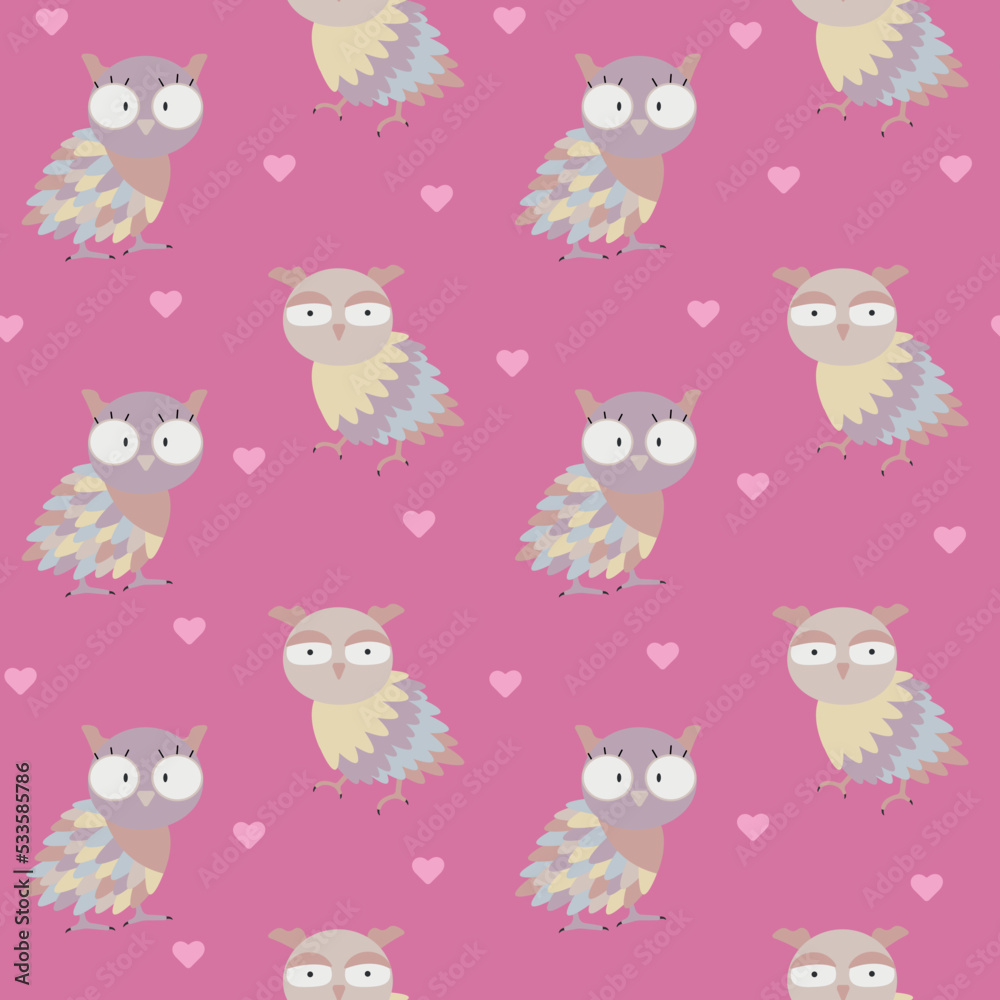 Girl birds seamless pattern. Funny baby pink background with charming wild owls and hearts. Vector illustration for baby shower, birthday, party design.