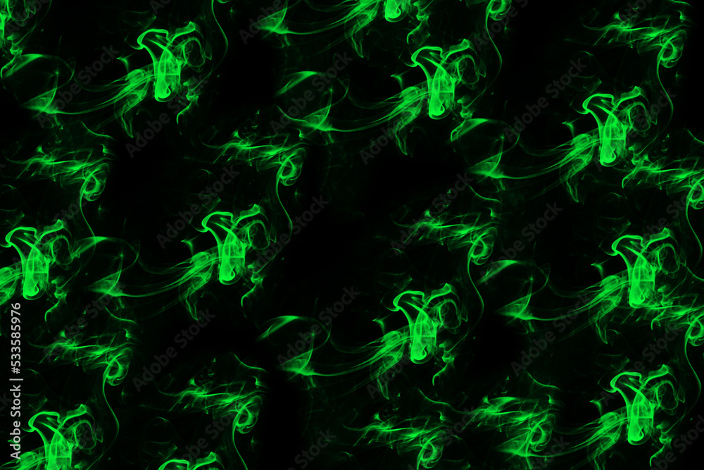 abstract mist tribal design. Fantasy smoke swirls in bright neon green on black color background, 