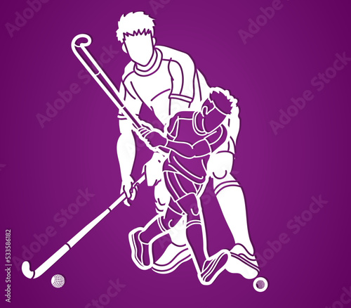 Field Hockey Sport Team Male Players Action Together Cartoon Graphic Vector