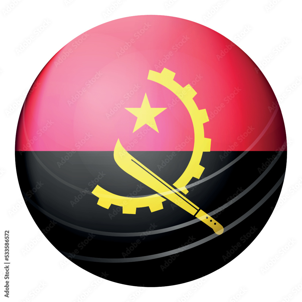 Round icon with flag of Angola. Glass light ball, sticker, sphere. Angolan national symbol. Glossy realistic ball, 3D abstract vector illustration. Template big bubble Round icon with flag of Angola. Glass light ball, sticker, sphere. Angolan national symbol. Glossy realistic ball, 3D abstract vector illustration. Template big bubble