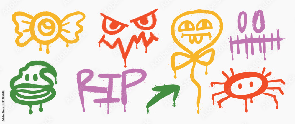 Set of graffiti spray pattern. Collection of colorful symbols, face, balloon, candy, spider, arrow with spray texture. Elements on white background for banner, decoration, street art, halloween.