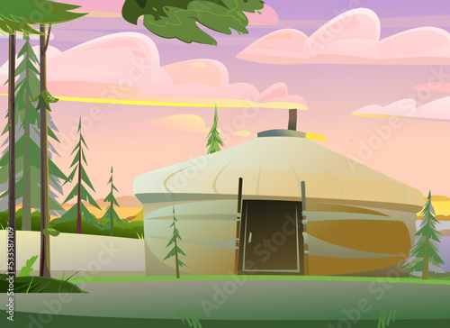 Yurt in tundra. Dwelling of northern nomadic peoples in Arctic. Taiga landscape. From felt and skins. illustration vector.