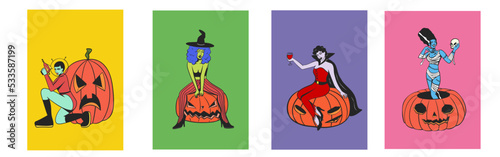 Women in costumes with pumpkins concept halloween retro style.Witch, alien, frankenstein and vampire costumes.Vector illustration