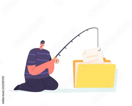 Hacker Male Character with Rod Pull File from Huge Folder. Fraud Phishing Data and Steal Money in Internet, Spoofing