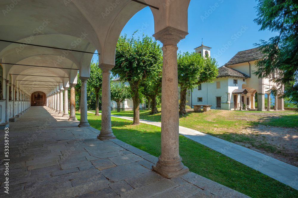 Obraz premium Cloister and Pilgrimage church on the Sacro Monte della SS Trinita di Ghiffa. Province of Piedmont in Northern Italy.