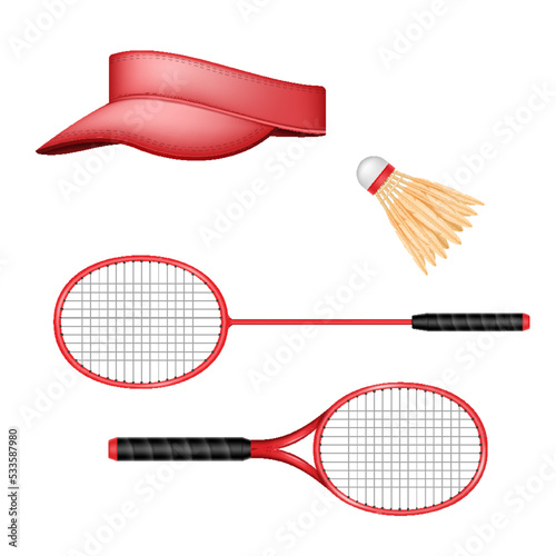 Tennis and badminton equipment set: racket, shuttlecock, visor cap realistic. Set for sport games