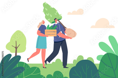 Revegetation, Forest Restoration, Reforestation and Planting Trees Concept. Volunteer Characters Growing Trees