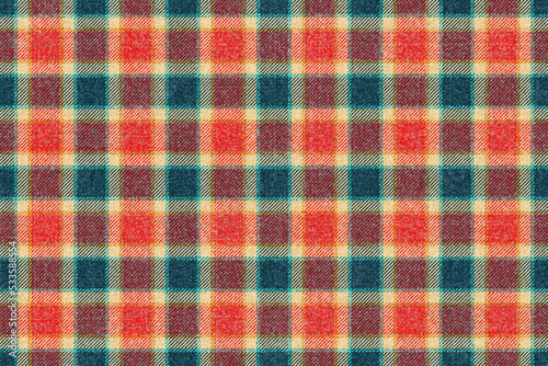ragged grungy seamless checkered texture of classic coat red aquamarine tweed fabric with, turquoise yellow stripes for gingham, plaid, tablecloths, shirts, tartan, clothes, dresses, bedding, blanket