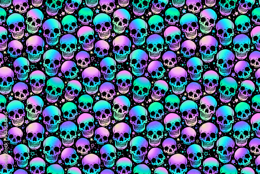 Holographic bright skulls on a black background. Seamless pattern