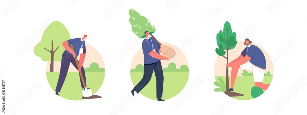 Volunteer Characters Planting Trees Isolated Round Icons or Avatars on White Background. People Working in Garden