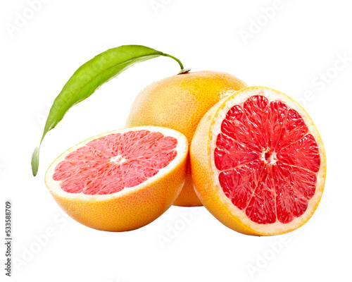 Orange with cut in half and green leaves isolated on transparent background.
