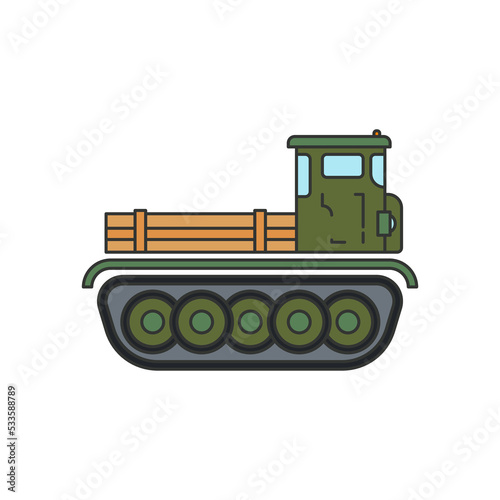 Line flat color vector illustration icon infantry assault army artillery tractor. Military vehicle. Simple retro style. Soldiers equipment. Armored corps. Weaponry. Tractor caterpillar unit. Defense.