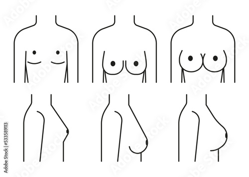 Woman breast lift, increase in size and reshape, line icon. Different shape and size. Breast augmentation. Small, sagging and full breast front and side view. Vector outline illustration