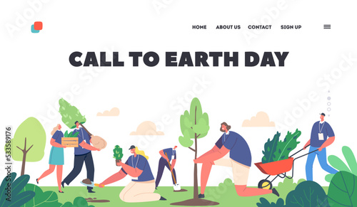 Earth Day Landing Page Template. Volunteer Characters Planting Trees. People Working in Garden, World Environment