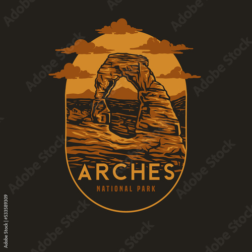 Leinwand Poster Vector illustration of Arches National Park, hand drawn line style with digital