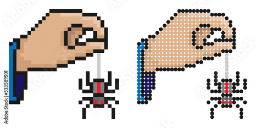 Pixel icon. Hand of sorceress holds huge spider on web. Halloween. Magic and witchcraft. Simple retro game vector isolated on white background