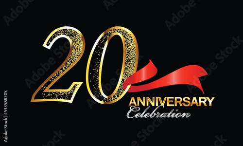 20 Year Anniversary celebration Vector Design with red ribbon and gliter. 20th Anniversary celebration. Gold Luxury Banner of 20th Anniversary. twentieth celebration card. Vector anniversary photo