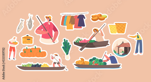 Set of Stickers Floating Market in Thailand. Saleswoman Character Wear Straw Hat on Boat with Paddle. People Buy Goods