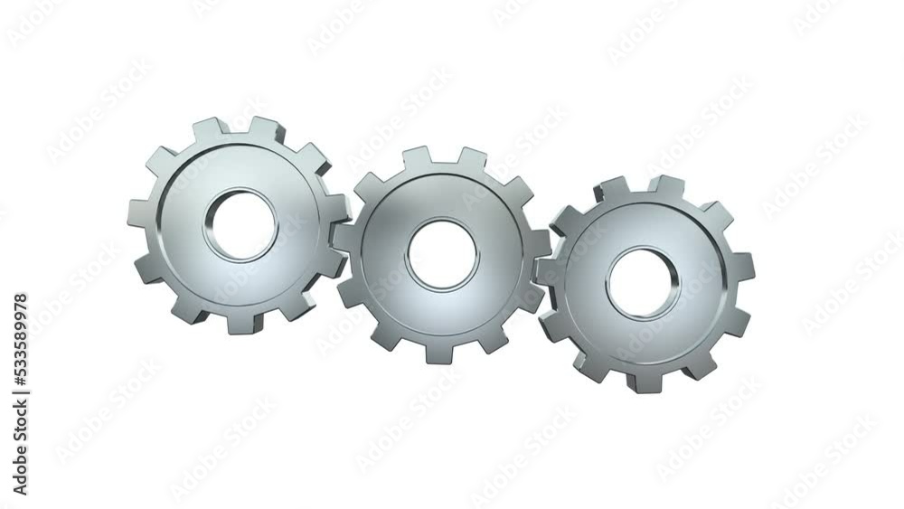 3D rendering of three silver gears turning together isolated on white background with alpha channel. Metallic interlocked cogwheel, clockwork, rotating transmission. Concept of work mechanism. 3D rendering of three silver gears turning together isolated on white background with alpha channel. Metallic interlocked cogwheel, clockwork, rotating transmission. Concept of work mechanism.