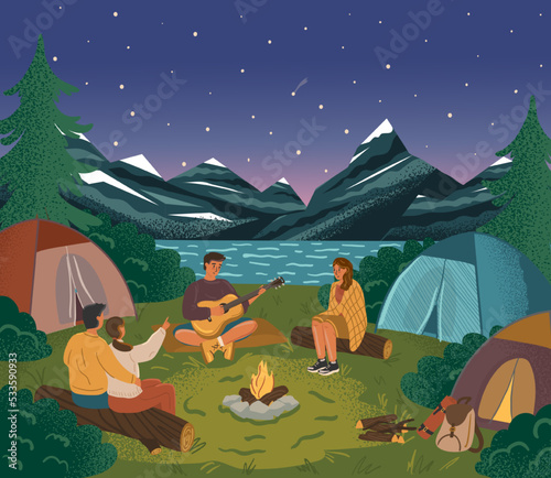 People sit next to campfire and play guitar. Group of friends next to camp tent and watching starry night. Summer camp vacation vector poster. Mountain and lake landscape. Adventure, nature, campfire