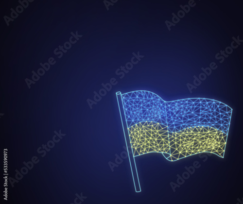 2D neon flag of Ukraine with polygonal lines on dark blue background with copy space. Technological, luxury, space background. Politics, geography with place for text with yellow and blue flag