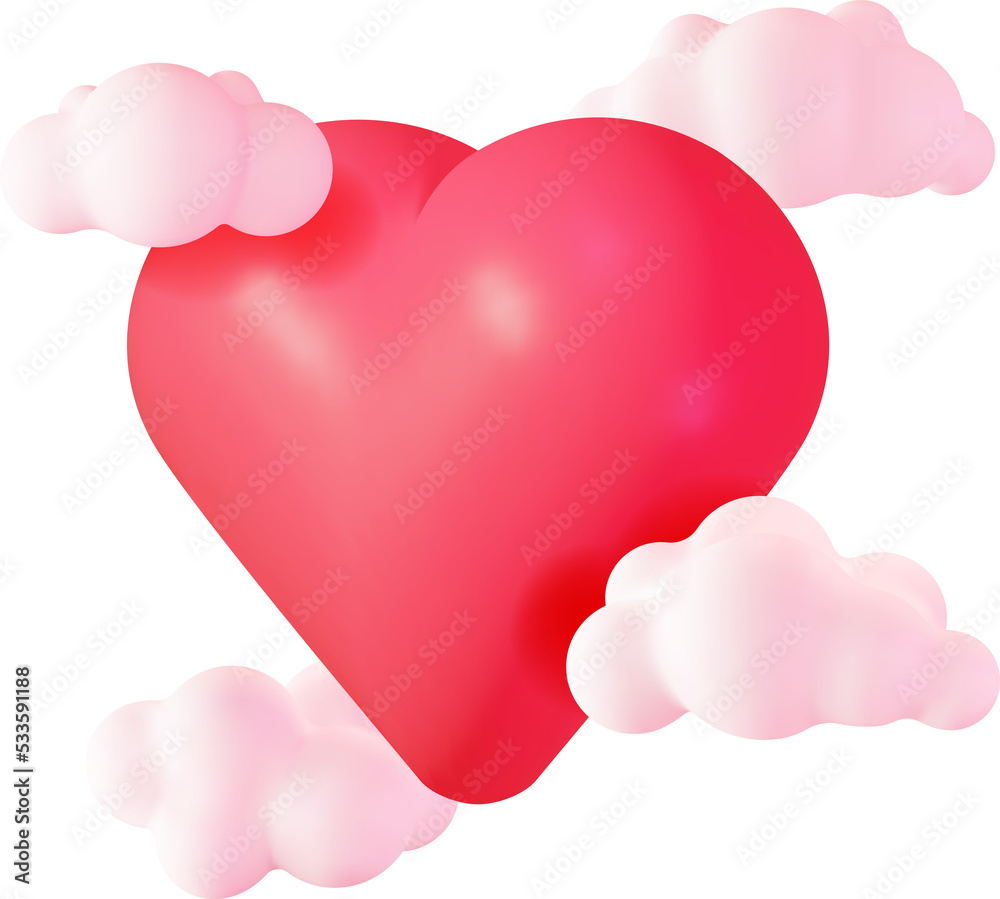 3D Fluffy Cartoon Clouds with Red Heart 3D Fluffy Cartoon Clouds with Red Heart