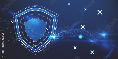 Abstract wide perspective glowing shield hologram on blue texture with various blurry icons. Cyber security, data protection concept. Modern wireframe design. 3D Rendering. © Who is Danny