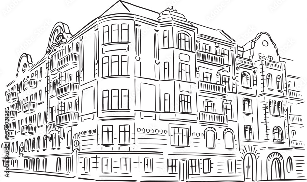 An old building drawn in perspective. Linear illustration.
