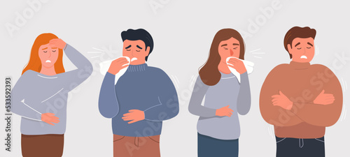 A set of sick people. Men and women have colds, runny nose, cough, poor health, sore throat. Vector graphics.